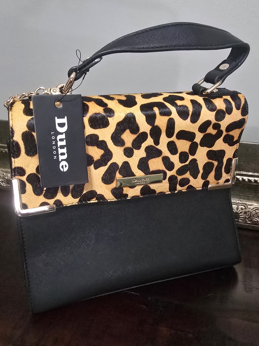 Dune London Black & Leopard Print Top-Handle Satchel with Gold Accents